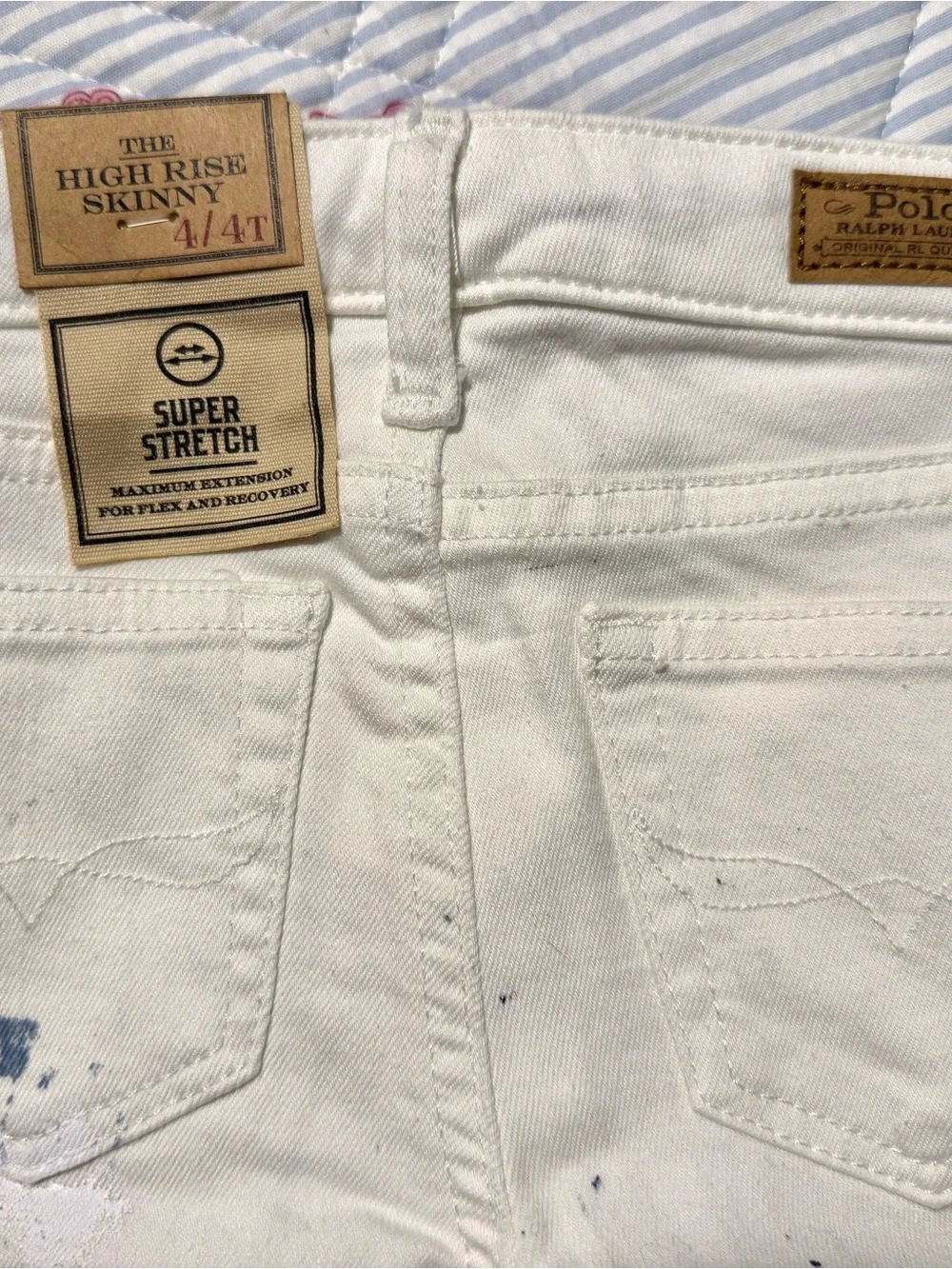 Ralph Lauren White High Rise Skinny Jeans with Blue Paint Detail